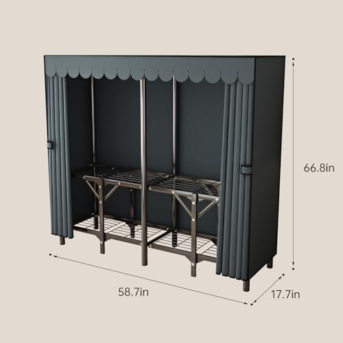 Gray Large Portable Armoire Wardrobe Closet with Foldable Clothing Wardrobe 25MM Steel Pipe Metal Frame Clothes Rack,One Piece Folding Design - size: 59.1 x 17.7 x 66.9 inches