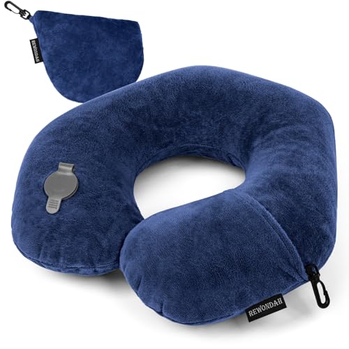 Rewondah Neck Pillows for Travel, Inflatable Travel Pillow, Inflatable Neck Pillow for Traveling Airplane with Soft Velour Washable Cover, U Shape Blow Up Neck Pillow for Airplanes Train Car Travel - color: Navy Blue, size: U-Shape
