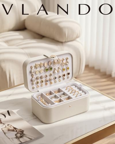 VLANDO Travel Jewelry Case, 2-Layer Jewelry Box, Portabel Travel Organizer for Necklaces, Earring, Bracelets, Ring, Watch - Large Capacity Travel Jewelry Storage - Cloud White - color: A.Beige-2 Layer