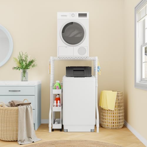 ULIFHOME U16 Upgraded Washer Dryer Stacking Rack for Narrow Laundry Room and Bathroom, Metal Over Washer and Dryer Storage Shelves for Saving Space, 29.5" W x 23.6" D x 53.1" H, White - color: White