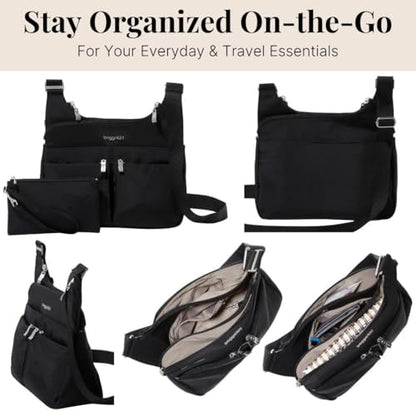 Baggallini Crossbody Travel Bag 11x8.5 Lightweight Water-resistant Nylon Handbag - color: Black With Sand Lining