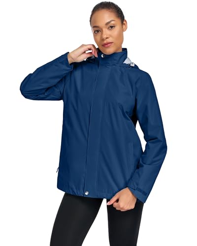 Hount Womens Waterproof Raincoat Lightweight Packable Striped Lined Rain Jacket Casual Travel Outdoor Hooded Jakctes - color: Dark Blue, size: X-Large