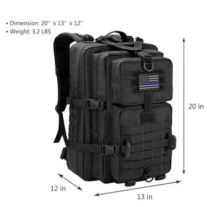 Hannibal Tactical MOLLE Assault Backpack, Tactical Backpack Military Army Camping Rucksack, 3-Day Pack Trip w/USA Flag Patch, D-Rings, Black - color: Black
