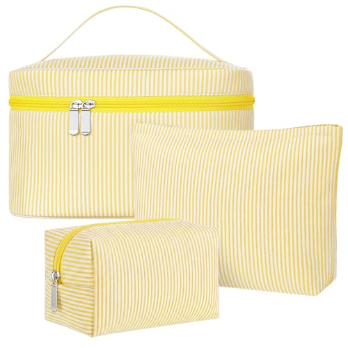 Huhumy 3 Pieces Makeup Bag Set for Women Cute Seersucker Cosmetic Pouch Travel Toiletry Bag Preppy Small Makeup Purse Pouch Aesthetic Skincare Brushes Storage Organizer for Women(Yellow) - color: yellow