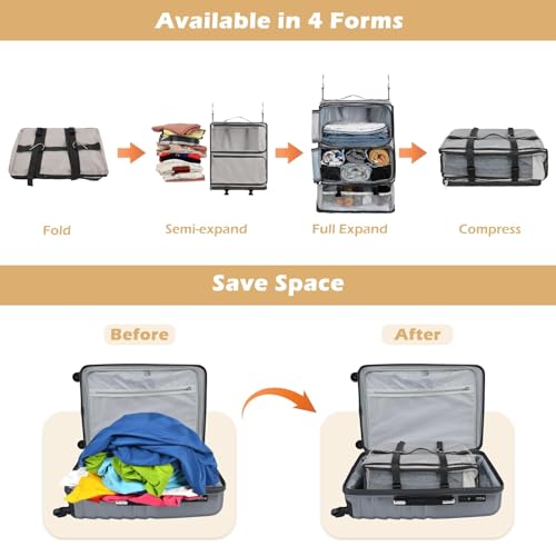 Surblue Hanging Shelves Travel Compression Packing Cube for Carry-on Luggage Suitcase Collapsible Transformable Garment Closet Organizers Large Capacity, Lightgrey, XXL - color: Lightgrey, size: XXL_14.96*11.47*22.83in