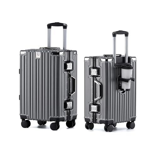 HotWay 26 Inch Aluminum Frame Luggage with Spinner Wheels, PC Hard Shell Suitcase with Cup Holder, Zipperless Luggage for Business Travel, Gray - color: Gray (PC+Aluminum), size: Checked in 26inch