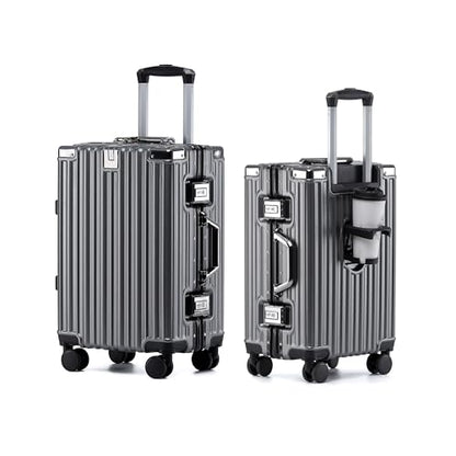 HotWay 26 Inch Aluminum Frame Luggage with Spinner Wheels, PC Hard Shell Suitcase with Cup Holder, Zipperless Luggage for Business Travel, Gray - color: Gray (PC+Aluminum), size: Checked in 26inch