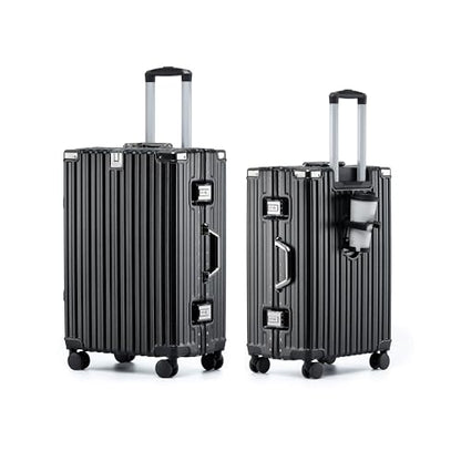HotWay 20 Inch Aluminum Frame Carry On Luggage with Spinner Wheels, PC Hard Shell Suitcase with Cup Holder, Zipperless Luggage for Business Travel, Black - color: Black (PC+Aluminum), size: Carry on 20inch