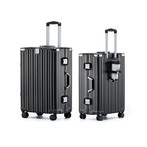 HotWay 24 Inch Aluminum Frame Luggage with Spinner Wheels, PC Hard Shell Suitcase with Cup Holder, Zipperless Luggage for Business Travel, Black - color: Black (PC+Aluminum), size: Checked in 24inch