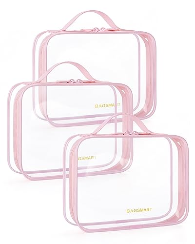 BAGSMART Clear Toiletry Bag, TSA Approved Travel Toiletry Bag Carry On Travel Accessories Bag Airport Airline Quart Size Bags water-resistant Makeup Bag for Women - color: Clear Pink-with handle+180° open, size: 3 Pack, Medium
