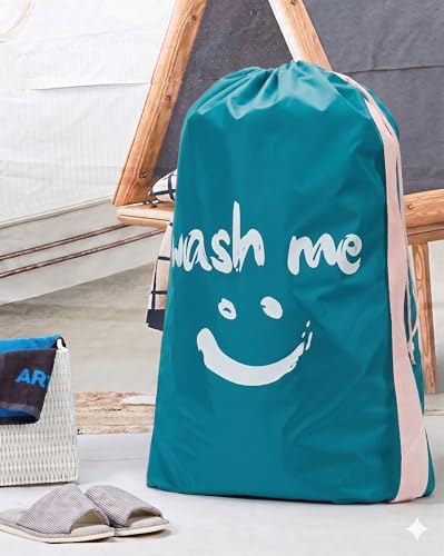 HOMEST 2 Pack XL Wash Me Travel Laundry Bag with Strap, Dirty Garments Organizer, Large Enough to Hold 4 Loads of Clothes, Easy Fit a Hamper or Clothing Basket, Sky Blue and Blue - color: (Ⅲ- With strap )Blue& Sky Blue