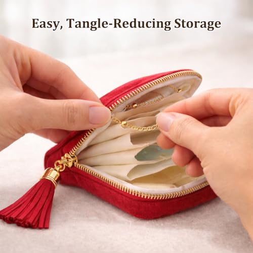 Small Travel Jewelry Pouch for Women, Compact Travel Jewelry Pouch with Layered Storage, Zippered Jewelry Travel Bag for Rings, Earrings, Bracelets, Necklaces (Rose Blush) - color: Rose Blush