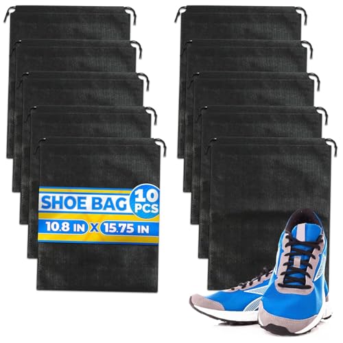 10 Pack Travel Shoe Backpack Set – Non-Mesh Solid 11.8"x15.75" Waterproof Drawstring Shoe Bags for Travel, Clothes, or Wet Gear – Lightweight Storage Organizer and Packing Essential for Women & Men - style: 10Pcs, Full Black, M Size