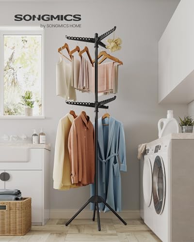 SONGMICS 2-Tier Clothes Drying Rack, 75.2-Inch Folding Laundry Drying Rack with 6 Rotatable Arms for Hangers, Stainless Steel, for 54 Pieces of Clothes, Black ULLR514B01 - color: Black, style: 2-Tier-Hang