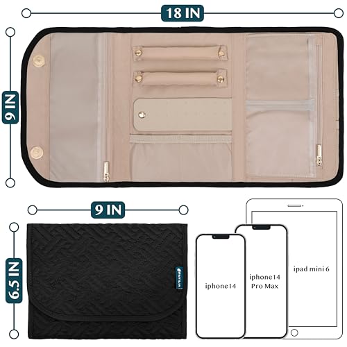 Pavilia Foldable Jewelry Organizer Roll Bag, Small Travel Pouch Wallet for Earrings, Rings, Necklaces, Bracelets (Quilt Black) - color: Quilt Black