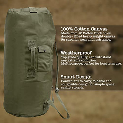 BaHoki Essentials Canvas Duffel Bag - Heavy Duty Top Load Duffel Sea Bag - Military Green Cargo Travel Bags - size: Large