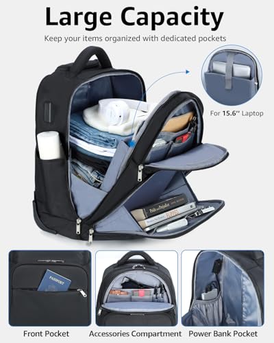 Ponhog Rolling Backpack, 30L Travel Laptop Backpack with Wheels, 15.6 Inch Roller Carry on Luggage with USB Charging Port, Flight Approved Personal Item Wheeled Suitcase for Men Women Adults, Black - color: Black