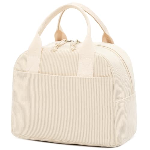 LOVELYWIND Insulated Cream Beige Lunch Bag for Women, Stylish Corduroy Tote with Aluminum Lining, Large Capacity Reusable Cooler for Work, Travel, or Beach, Beige Cream Water-Resistant Lunch Box - color: 8-Beige