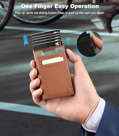 TOYFID Slim Wallet for Men - Pop Up Card Holder Wallet,Minimalist Business Wallet,Credit Card Wallet with Money Pocket,Metal Card Case Wallet,RFID Blocking,Can Hold 6 Credit Cards - color: brown B
