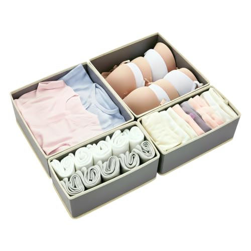 Drawer Organizer Set 4 Pack - Foldable 11" Fabric Storage Bins with Zipper Bottom for Underwear Socks Bras Baby Clothes - Closet Dresser Dividers for Bedroom Nursery, Light Grey - color: Light Grey