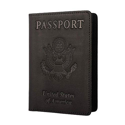 Genuine Leather Passport Holder Travel Wallet RFID Passport Cover Case for Women Men (Black) - color: Black