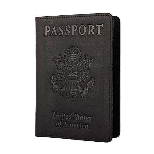 Genuine Leather Passport Holder Travel Wallet RFID Passport Cover Case for Women Men (Black) - color: Black