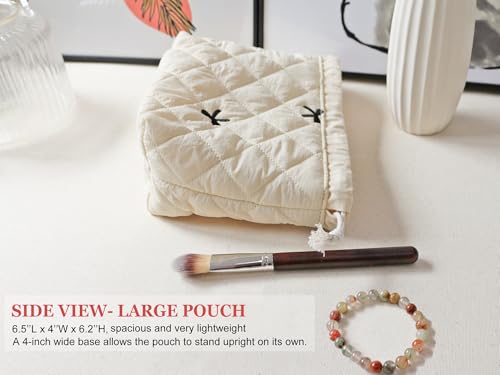 HAPPYHEIDI Quilted Nylon Drawstring Makeup Bag Set 2 Compartment Cosmetic Toiletry Travel Pouch, Purse Organizer, Creamy White Embroidery Bow - color: KJM-Quilted Cotton Pouch with Compartment Set of 2- Embroidery Bow