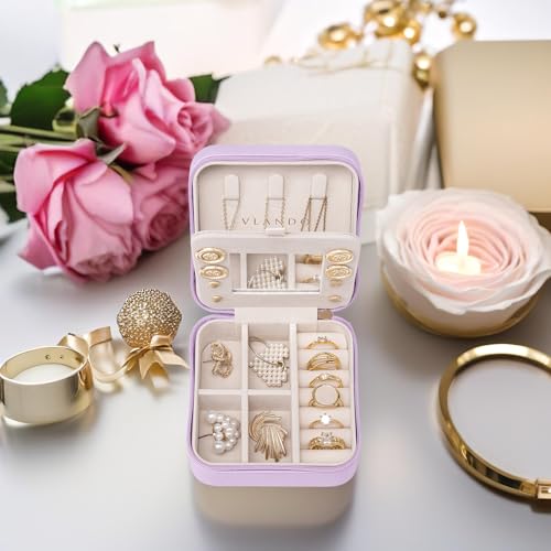 Vlando Small Travel Jewelry Box Organizer - Mirrored Carry-on Jewelries Necklaces Rings Earrings Necklace Storage Case, Purple - color: a. Purple
