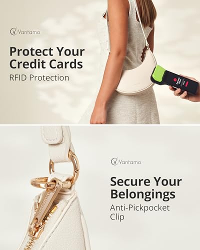 Vantamo Crescent Bags For Women with RFID Protection, Half Moon Clutch Purses for Women with Anti-Theft Clip for Extra Safety - color: Off-white