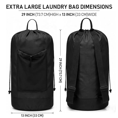 Backpack Laundry Bag Durable Polyster Laundry Backpack Bag with Shoulder Straps, Drawstring Closure & Mesh Pocket, Large Clothes Hamper for Dorm, Travel, Laundromat (Black) - color: Black