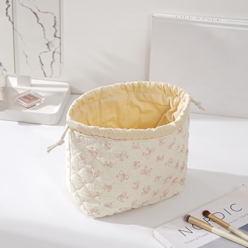 Cotton Quilted Drawstring Makeup Bag with Canvas Lining,Coquette Aesthetic Cute Travel Toiletry Bag,Drawstring Gift Bag for Women and Girls（12White Small Bow） - color: 12White Small Bow