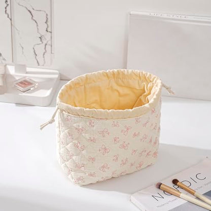 Cotton Quilted Drawstring Makeup Bag with Canvas Lining,Coquette Aesthetic Cute Travel Toiletry Bag,Drawstring Gift Bag for Women and Girls（12White Small Bow） - color: 12White Small Bow