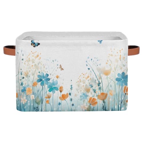 Watercolor Flower Butterfly Rectangular Storage Bin Collapsible Storage Basket Organizer Boxes with Leather Handle Storage Cube for Shelves Toy Laundry Nursery 1 PC - color: Watercolor Flower Butterfly, size: 1 Pc