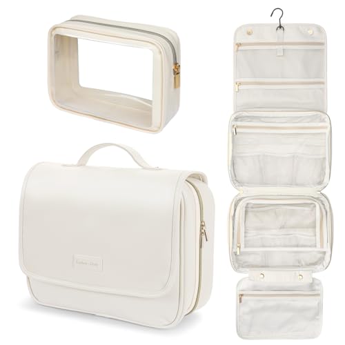 PACKISM Hanging Travel Bag for Traveling with Clear Makeup Bag - Soft Leather Waterproof Travel Toiletry Bag for Full-Sized Toiletries and TSA Approved Toiletry Bag, Off White (L) - color: Off-white and Off-white, size: Large