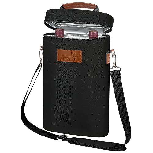 Tirrinia 2 Bottle Leakproof Insulated Wine Tote Carrier Bag - Padded Cooler for Travel, Restaurants, Tasting, Parties, Great Gift for Wine Lovers - color: Black, size: 2 Bottle-without front pocket