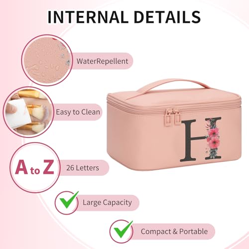 OCHEAL Initial Makeup Bag,Monogram Make up Bag Pink Travel Makeup Organizer Case Beauty Toiletry Cosmetic Bag with Brush Holder, Trendy Stuff Personalized Gifts for Women and Girls-H - color: Pink, style: H