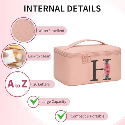 OCHEAL Initial Makeup Bag,Monogram Make up Bag Pink Travel Makeup Organizer Case Beauty Toiletry Cosmetic Bag with Brush Holder, Trendy Stuff Personalized Gifts for Women and Girls-H - color: Pink, style: H