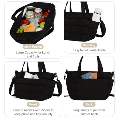 Lunch Bag Women Puffy Quilted Tote Bag Stylish Insulated Lunch Tote Bag with Large Capacity and Shoulder Strap Portable Lunch Cooler Bags for Women, Work Office, Travel, Picnic, Meal Prep - color: Black