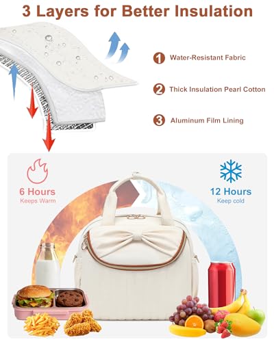 Bluboon Lunch Box for Women, Large Insulated Lunch Bag with Shoulder Strap, Adult Lunch Tote Teacher Nurse, Bow Lunch Cooler Gifts for Work Picnic Travel, Black (Biege) - color: Beige