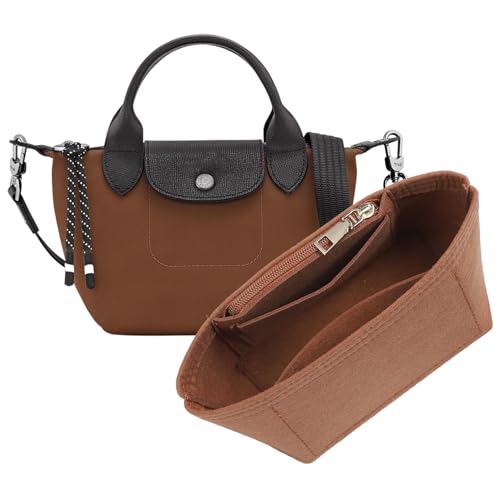 Purse Organizer Insert for Longchamp Le Pliage Mini Handbag,Premium Felt Lightweight Zipper Mini Handbag Organizer,Bags Storage Divider with Upgraded Deepened Compartments,XS/Gold-brown - color: Gold-brown, size: XS Handbag