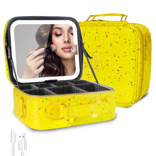 MOMIRA Travel Makeup Bag Cosmetic Bag with Lighted Mirror, Adjustable Brightness in 3 Color Scenarios/Detachable makeup mirror, 2024-All-round Upgrade, Waterproof, Gift for Women -Glett Yellow - color: Yellow, size: Medium