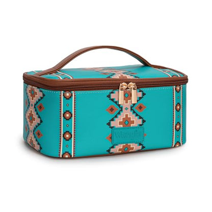 Montana West X Wrangler Travel Makeup Bag 2pcs Set Large Cosmetic Bag with Makeup Brush Holder Portable Make Up Organizer Cute Toiletry Bag with Divider and Handle for Women Aztec - color: Turquoise