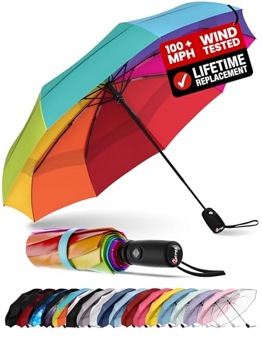 Repel Windproof Travel Umbrella - Compact & Withstands Winds up to 100MPH , Strongest Premium Auto Folding Umbrella for Rain and Sun - Durable, Light & Portable for Women & Men , Fits Backpack & Cars - color: Rainbow - Travel Umbrella (1 Pack)