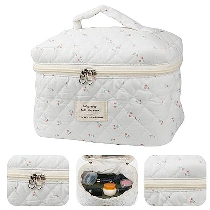 NATINSA Cute Makeup Bag for Women(2 Pcs), Travel Cosmetic Bags, Quilted Coquette Aesthetic Floral Toiletry Organizer Bag (Cherry) - color: Cherry