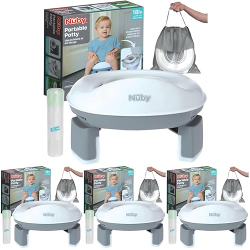 Nuby On-the-Go Portable Potty Seat - Collapsible Travel Toilet Seat for Boys and Girls 18+ Months - Includes Storage Bag and Disposable Liners - Toddler Potty Training Toilet (Pack of 4) - style: On-The-Go Potty (Pack of 4)