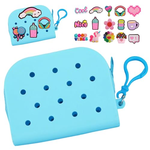 Soft Silicone Mini Coin Purse with Zipper and Cartoon Hole,with 15 pcs DIY Charms. Portable Keychain Pouch Organizer (Blue) - color: Blue