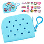 Soft Silicone Mini Coin Purse with Zipper and Cartoon Hole,with 15 pcs DIY Charms. Portable Keychain Pouch Organizer (Blue) - color: Blue