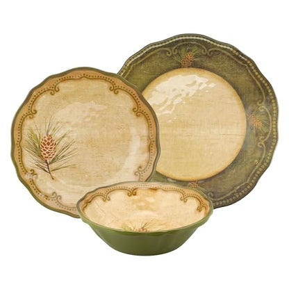 UPware 12 Piece Woodland Pinecone Melamine Dinnerware Sets, Outdoor Dishes Set, Plates and Bowls Sets, Service for 4, Dark Green - color: Woodland Pinecone