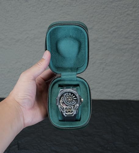 Watch Travel Box, Real Genuine Leather Single Watch Roll Case for Man and Women Watch Packing Storage Organizer with Suede to Protection Zipper Fit All Watches Up to 60mm (1W-Z-GRR) - color: 1W-Z-GRR
