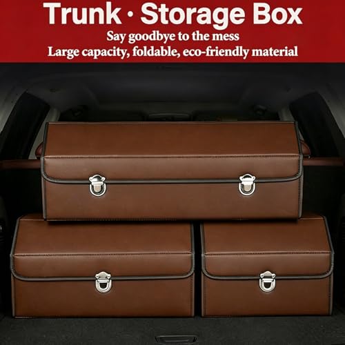 Leather Storage Box Car Trunk Organizer for Trunk SUV Sedan, Leather Foldable Storage Box with Lid (Brown 14.9" L*12.2" W*11.8" H) - size: Brown 14.9"L*12.2"W*11.8" H